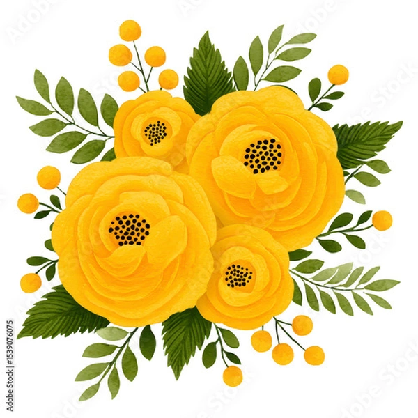 Obraz Yellow roses with green leaves and small yellow buds create vibrant floral arrangement, exuding cheerful and lively atmosphere. detailed petals and foliage add touch of elegance