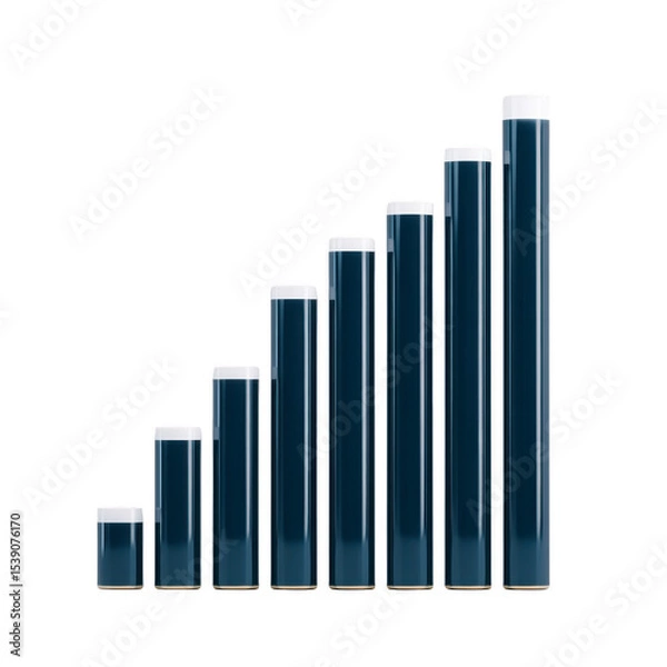 Obraz 3D bar graph with seven vertical bars of increasing height, representing data growth or progress. bars are dark blue with white tops, set against transparent background