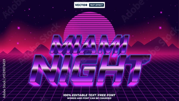 Fototapeta Miami night 80s and 90s retro style 3d editable vector text effect. Neon vaporwave and futuristic typography for digital designs. 
