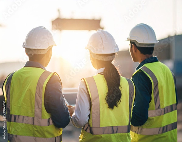 Fototapeta Three Construction Workers Yellow Vests White Hard Hats Sunset