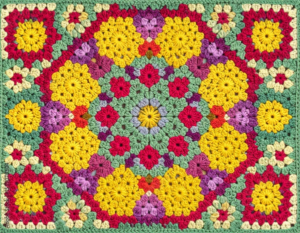 Fototapeta heirloom crochet; vibrant granny square blanket with retro hues