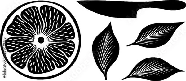 Fototapeta Minimalist grapefruit slice with knife and leaves for modern design and decor