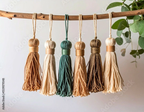 Fototapeta woven echoes; bohemian yarn tapestry with driftwood accent