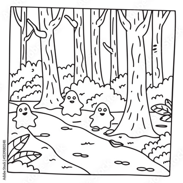 Fototapeta Spooky Summer – Cute and Easy Coloring Pages for All Ages | Fun Halloween-Inspired Summer Scenes | Line art vector illustration Print | Summer Coloring Page | Cute Scary Coloring page