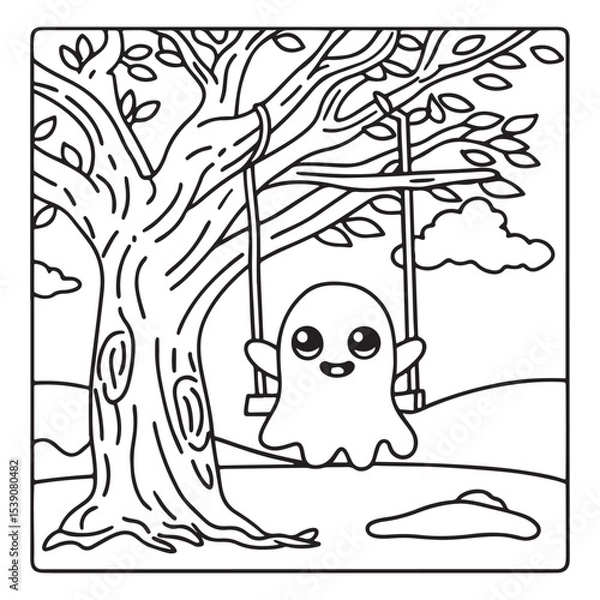 Fototapeta Spooky Summer – Cute and Easy Coloring Pages for All Ages | Fun Halloween-Inspired Summer Scenes | Line art vector illustration Print | Summer Coloring Page | Cute Scary Coloring page