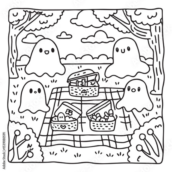Fototapeta Spooky Summer – Cute and Easy Coloring Pages for All Ages | Fun Halloween-Inspired Summer Scenes | Line art vector illustration Print | Summer Coloring Page | Cute Scary Coloring page