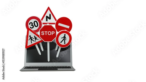 Fototapeta des panneaux routiers et un ordinateur portable, concept de code de la route en ligne - illustration 3D sur fond transparent