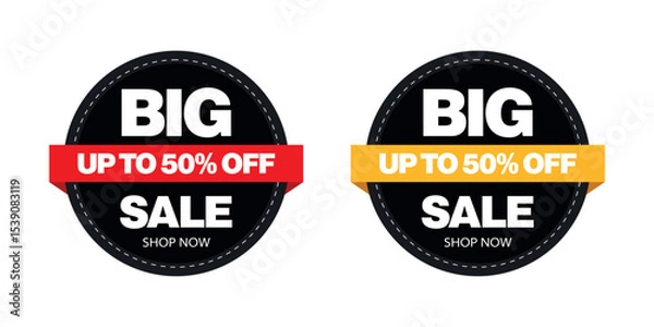 Obraz Big Sale Promotion: A bold visual statement of "Big Sale," accentuated by vibrant red and yellow banners that boldly proclaim discounts of up to 50% off, drawing attention to the retail promotion. 