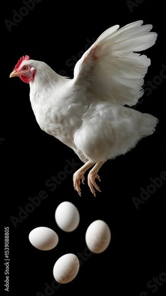Obraz White chicken in mid-flight above four eggs on black background