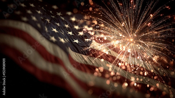 Obraz Fireworks bursting over a flag-lined parade route at night. stock image, hd quality,