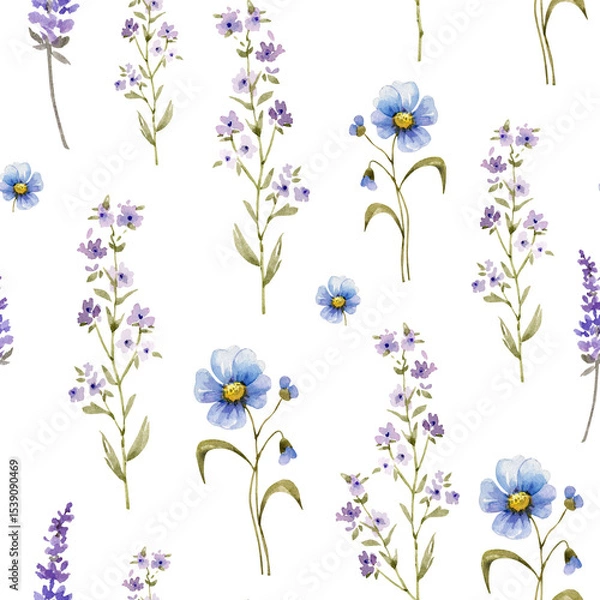 Fototapeta Seamless pattern with watercolor wildflowers in blue and purple tones on a white background. Suitable for textiles, wallpaper, scrapbooking.