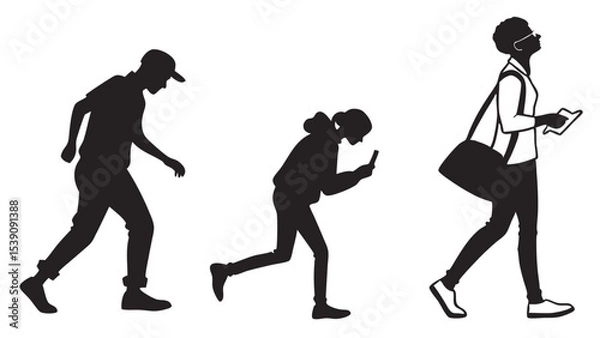 Fototapeta Vector art of silhouettes of people walking and using mobile phones isolated on transparent