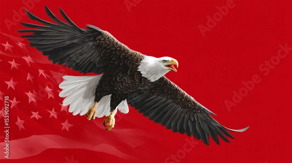 Obraz Flat vector art of a American eagle mid-screech with its wings overlapping the stars of the U.S. flag on a bright red background. 