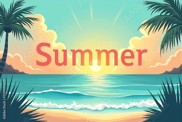 Obraz Summer illustration art, lettering as summer in beach background, summer vibes