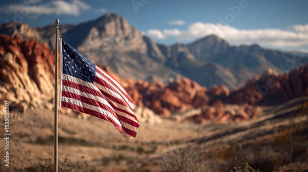Obraz American flag on a flagpole in a desert landscape with red rock formations. stock image, hd quality