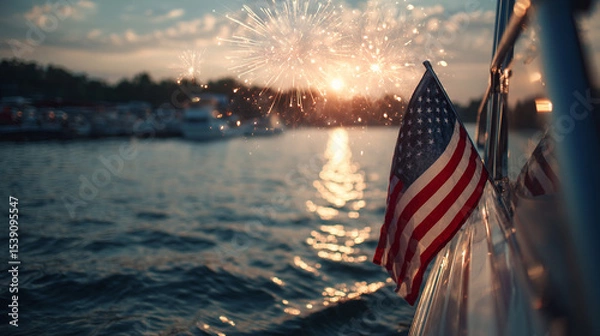 Obraz American flag waving from a boat on a lake as fireworks explode overhead.