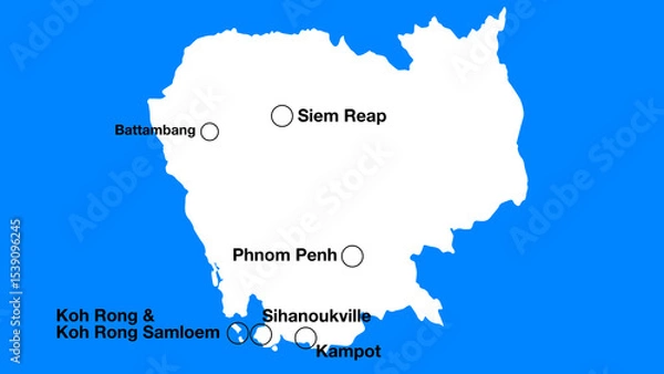 Fototapeta Simple map of Cambodia with important places or places of interest, Cambodia tourist map silhouette, Cambodia simple map with cities.