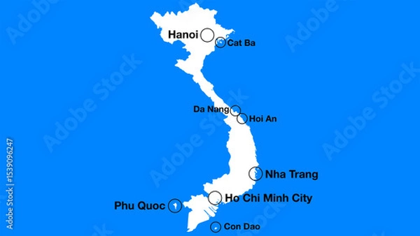Fototapeta Simple map of Vietnam with important places or places of interest, Vietnam tourist map silhouette, Vietnam simple map with cities and islands.