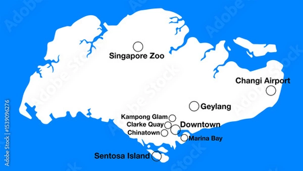 Fototapeta Simple map of Singapore with important places or places of interest, Singapore tourist map silhouette, Singapore simple map with districts.
