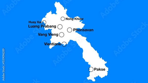 Fototapeta Simple map of Laos with important places or places of interest, Laos tourist map silhouette, Laos simple map with cities.