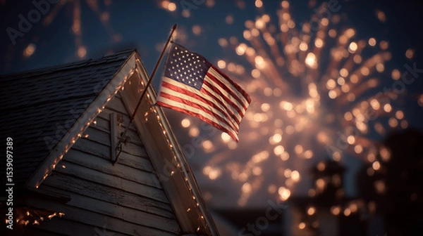 Obraz American flag on a house rooftop glowing under fireworks and starlight. 