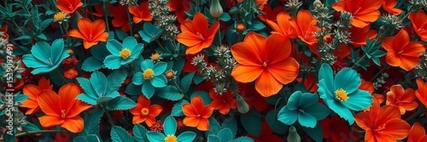 Obraz Cinematic web banner of surreal midsummer flowers and plants in vibrant, detailed, lifelike illustration, web banner, web poster