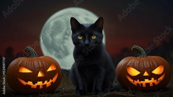 Fototapeta A demonic black cat with glowing red eyes sitting on a carved pumpkin under a full moon.
