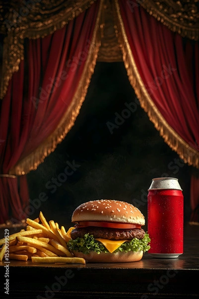 Fototapeta Hamburger, fries, and soda can take center stage under theatrical lighting on an opera stage, blending drama and indulgence in a unique stock photo concept.