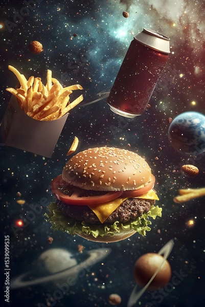 Fototapeta Delicious fast food-hamburger, fries, and soda can-drifting in zero gravity against a cosmic backdrop of glowing stars and nebulae, surreal space food concept, perfect for stock photography.