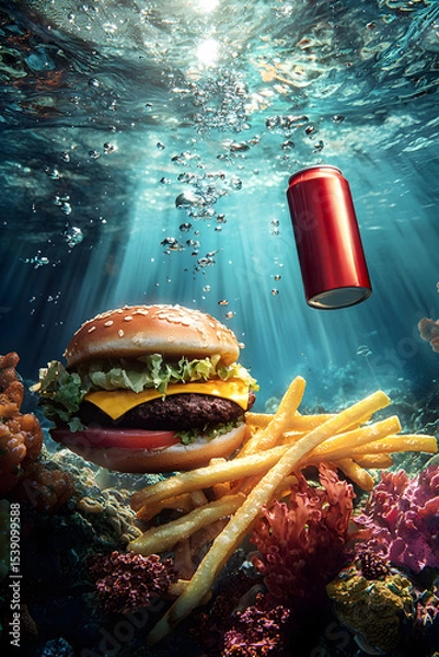 Fototapeta Delicious fast food trio-hamburger, fries, and soda can-floating underwater among vibrant coral reefs, illuminated by ocean light, surreal stock photography concept.