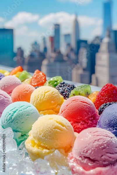 Fototapeta Colorful fruit ice creams on ice cubes, each paired with fresh fruit, placed on a rooftop with a striking city skyline in the background. A fresh, vibrant, and elegant composition.