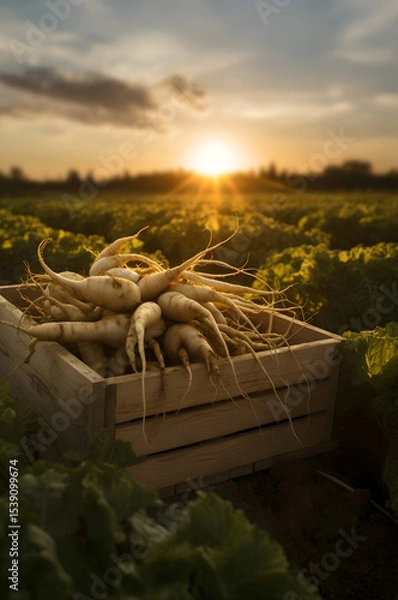 Fototapeta Parsnip root harvested in a wooden box with field and sunset in the background. Natural organic fruit abundance. Agriculture, healthy and natural food concept. Vertical composition.