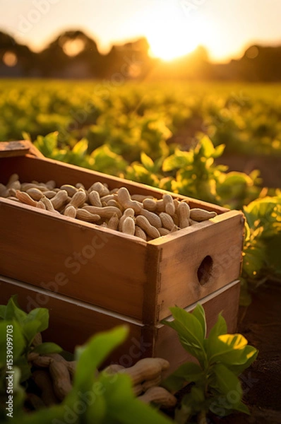 Fototapeta Peanuts harvested in a wooden box in a plantation with sunset. Natural organic fruit abundance. Agriculture, healthy and natural food concept. Vertical composition.
