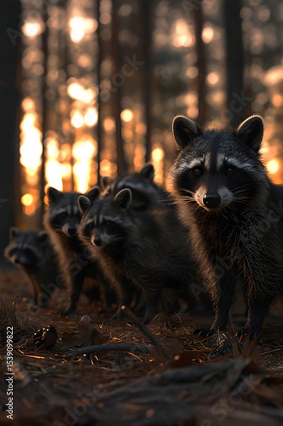 Fototapeta Racoon dog family in the forest with setting sun shining. Group of wild animals in nature.