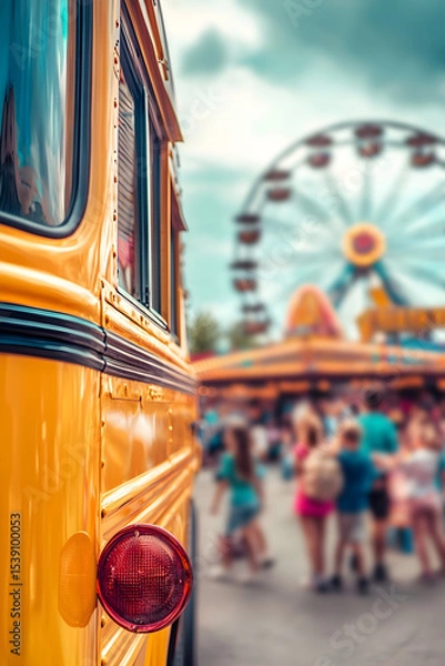 Fototapeta Bright yellow school bus in crisp close-up, joyful children stepping off into a colorful fairground with Ferris wheels. Motion, excitement & nostalgia captured in a cinematic, vibrant scene.
