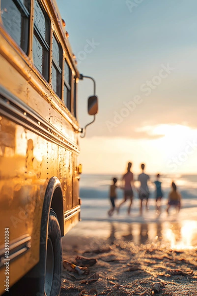 Fototapeta Golden-hour school bus parked near a scenic beach as joyful children dash towards the waves, leaving their shoes behind. Nostalgic coastal adventure, soft focus, cinematic realism.