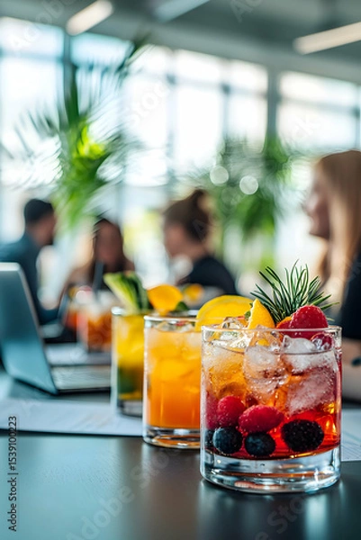 Fototapeta Vibrant summer cocktails garnished with tropical fruits on a table in a business room, with blurred coworkers brainstorming and planning in the background, blending refreshment and professionalism.