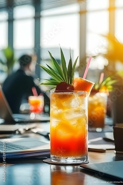 Fototapeta Vibrant summer cocktails garnished with tropical fruits in a business office, with blurred businessmen, laptops, and papers in the background, blending refreshment with professionalism.