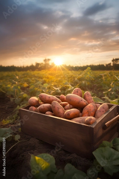 Fototapeta Sweet potatoes harvested in a wooden box with field and sunset in the background. Natural organic fruit abundance. Agriculture, healthy and natural food concept. Vertical composition.