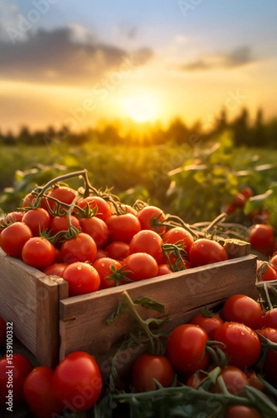 Fototapeta Red tomatoes harvested in a wooden box with field and sunset in the background. Natural organic fruit abundance. Agriculture, healthy and natural food concept. Vertical composition.