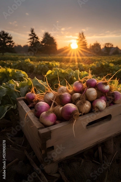 Fototapeta Turnips harvested in a wooden box with field and sunset in the background. Natural organic fruit abundance. Agriculture, healthy and natural food concept. Vertical composition.