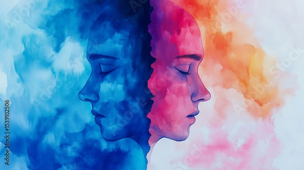 Obraz Illustration of bipolar disorder with silhouettes of two colorful faces