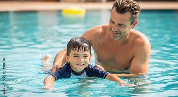 Fototapeta Father teaching son to swim in pool summer vacation family time water safety swimming lessons learn to swim