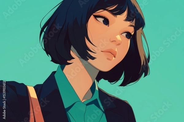 Obraz Anime Short-Haired Woman Portrait with Teal Shirt