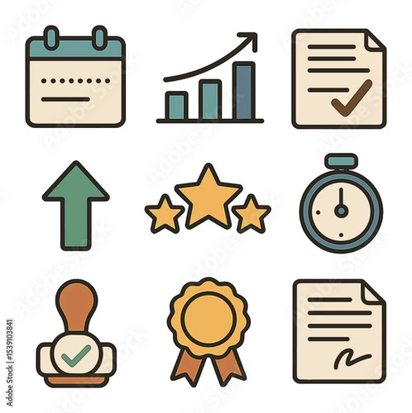 Fototapeta Handwriting Progress Icons. Flat icon set of handwriting progress tracking: calendar icon, level chart,