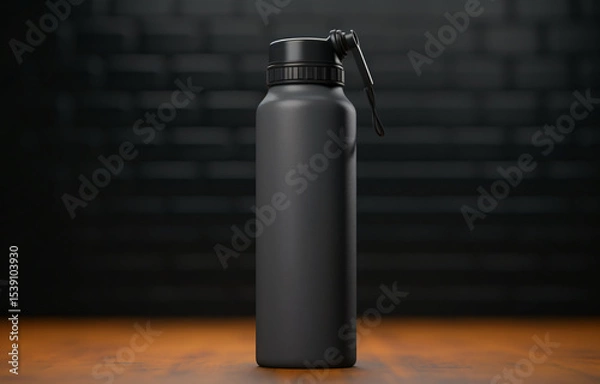 Obraz Black Insulated Sport Water Bottle Mockup on Wooden Surface with Dark Background