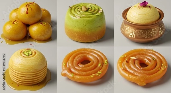 Fototapeta indian food Assorted Indian Sweets: Gulab Jamun, Barfi, Rasmalai, Jalebi - 3D Render
