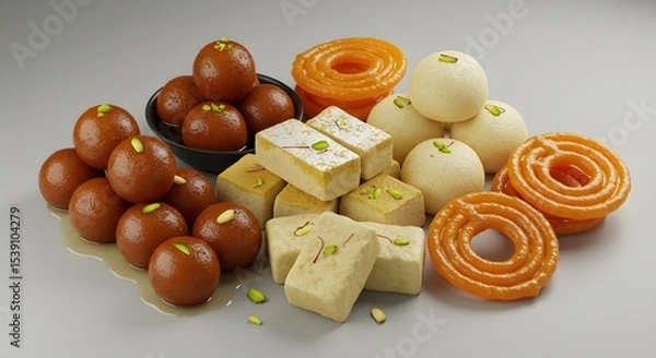 Fototapeta indian food Assorted Indian Sweets: Gulab Jamun, Jalebi, Barfi & Rasgulla