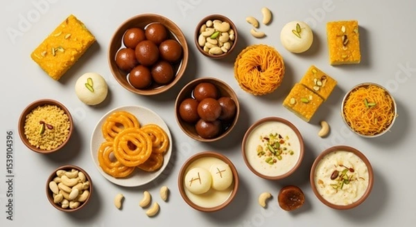 Fototapeta indian food Assorted Indian Sweets and Desserts Platter: Gulab Jamun, Barfi, Jalebi, and More