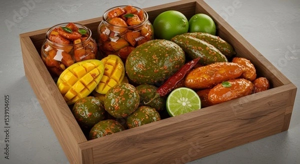 Fototapeta indian food Assorted Indian Pickles in Wooden Box: Mango, Lime, Chili
